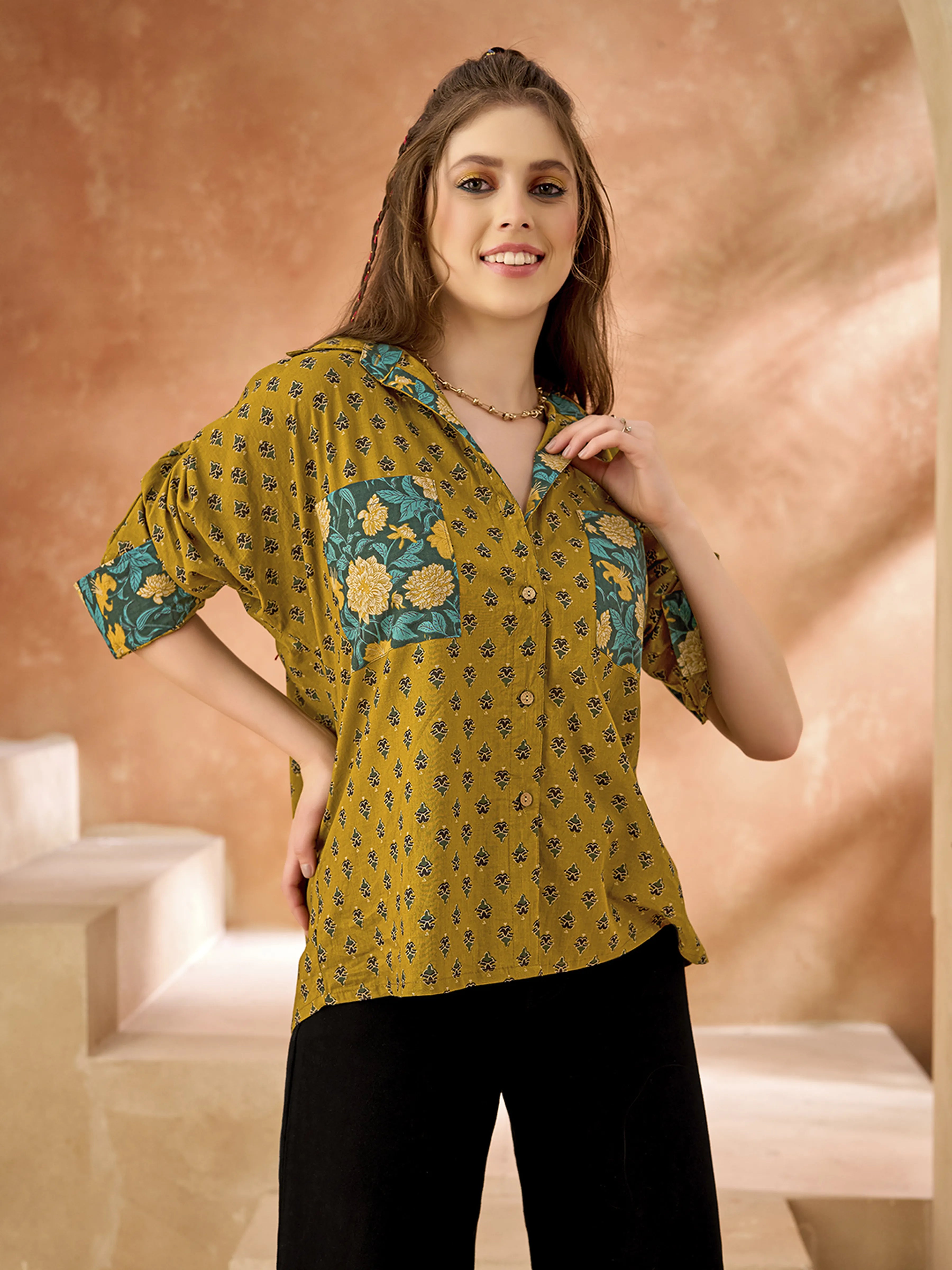 Mustard Booti & Teal Floral Cotton Shirt