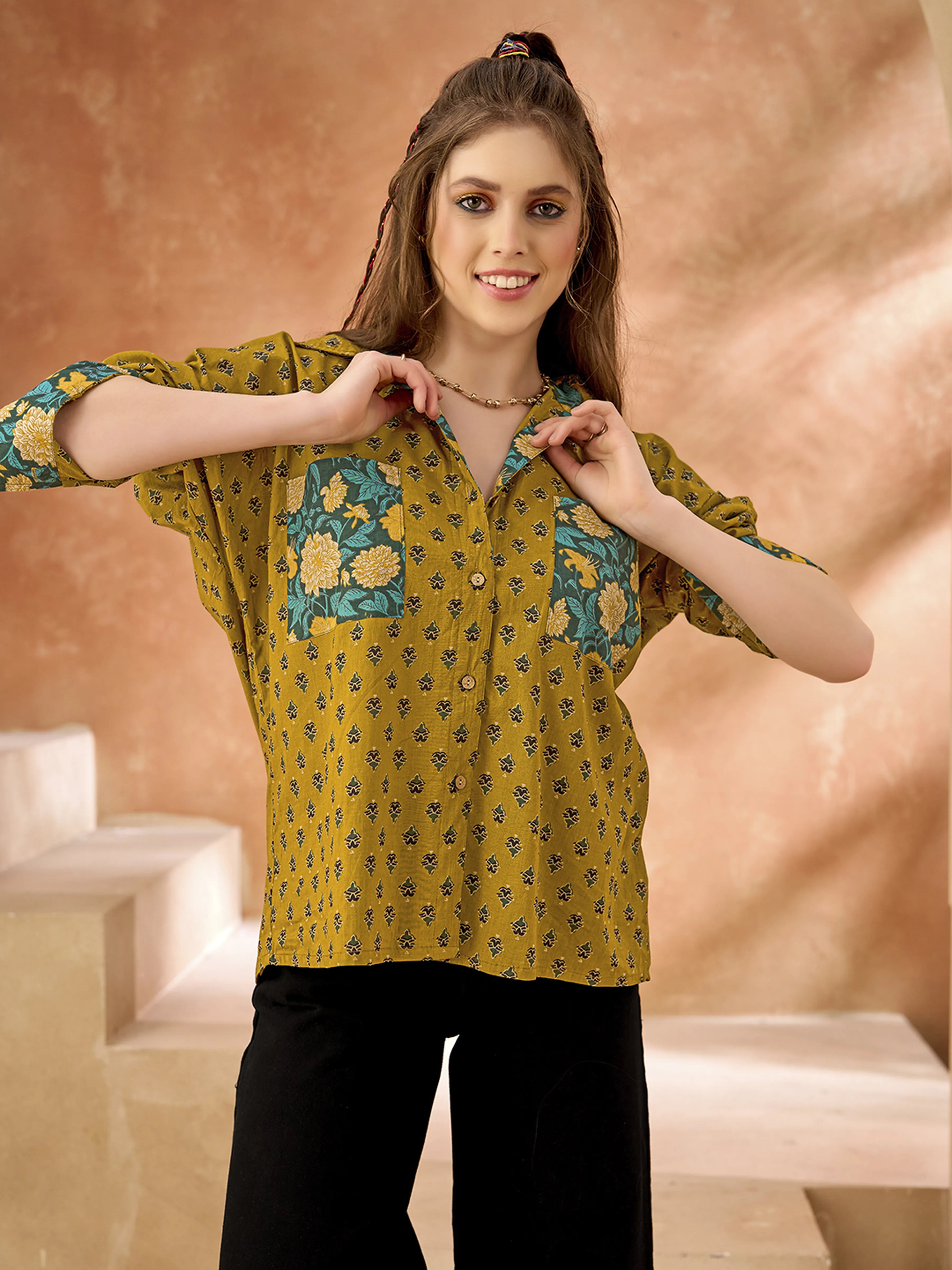 Mustard Booti & Teal Floral Cotton Shirt