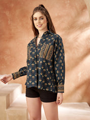 Navy Blue Base & Beige Striped Block Printed Cotton Oversized Shirt