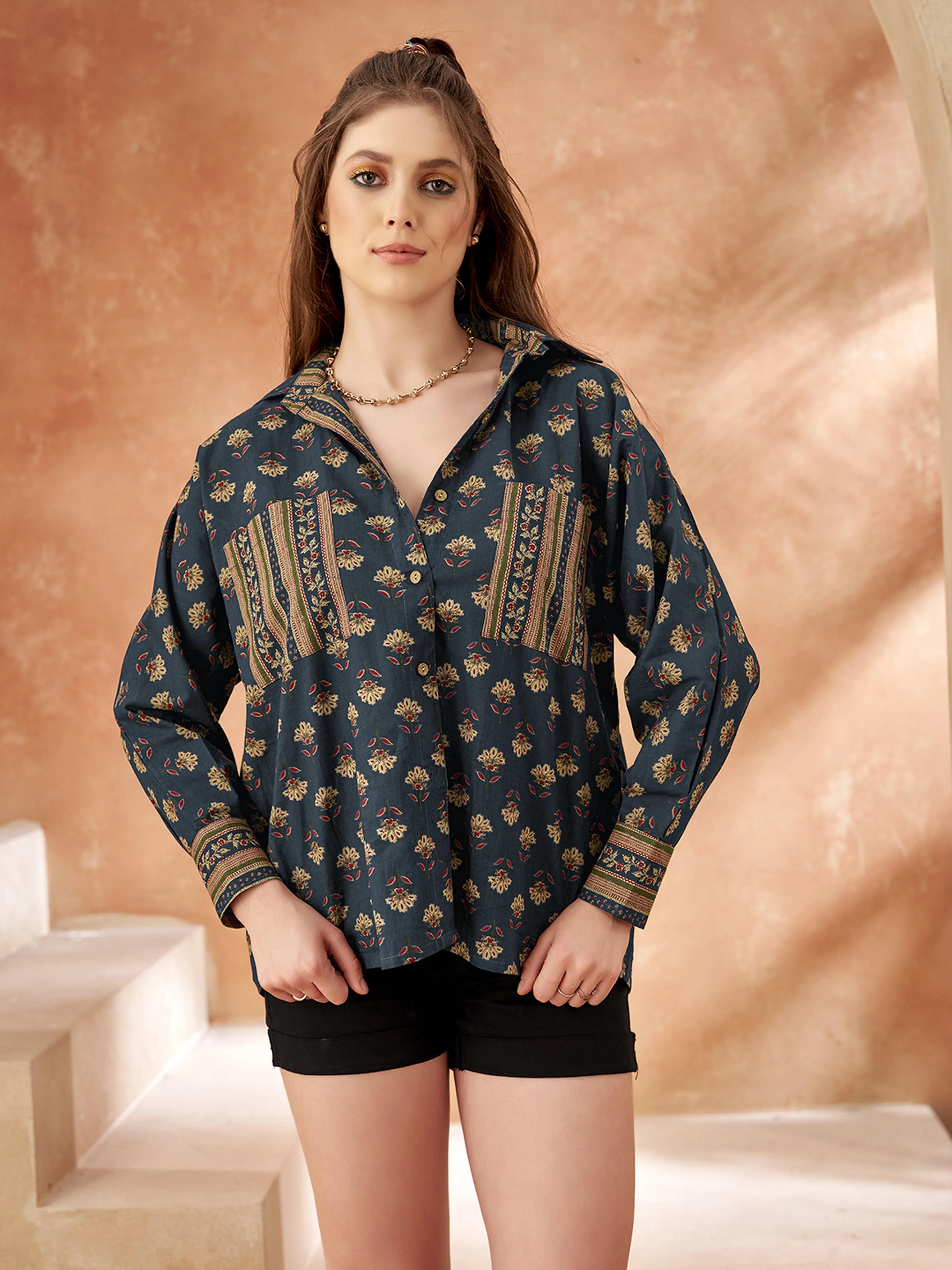 Navy Blue Base & Beige Striped Block Printed Cotton Oversized Shirt