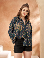 Navy Blue Base & Beige Striped Block Printed Cotton Oversized Shirt