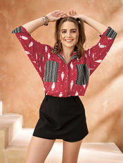 Red Base & Dark Green Ikat Style Tree Print Oversized Cotton Shirt