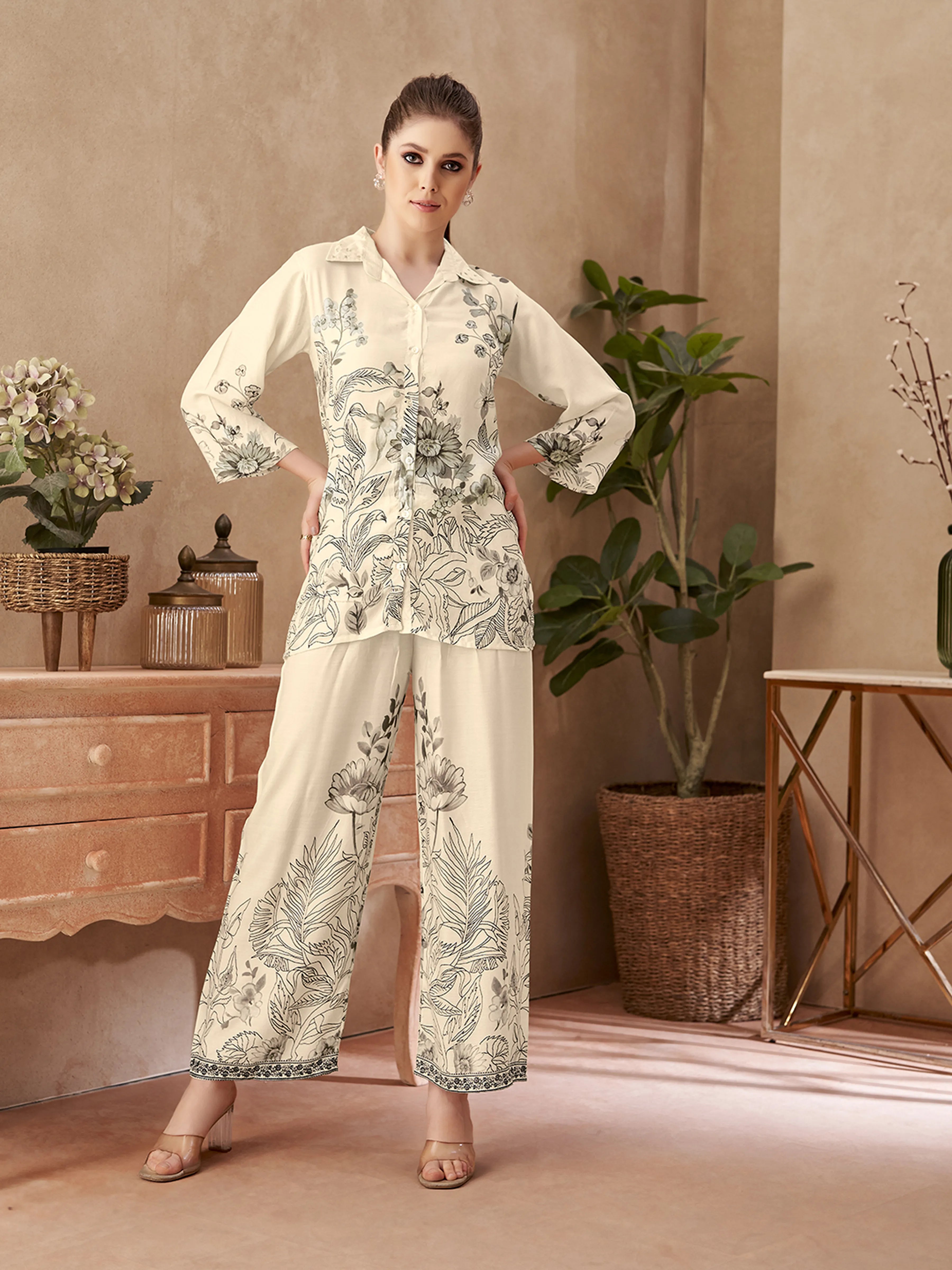 Cream Floral Printed Co-ord Set in Viscose Muslin