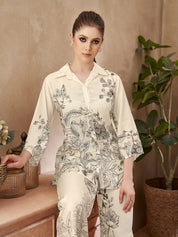 Cream Floral Printed Co-ord Set in Viscose Muslin
