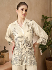 Cream Floral Printed Co-ord Set in Viscose Muslin