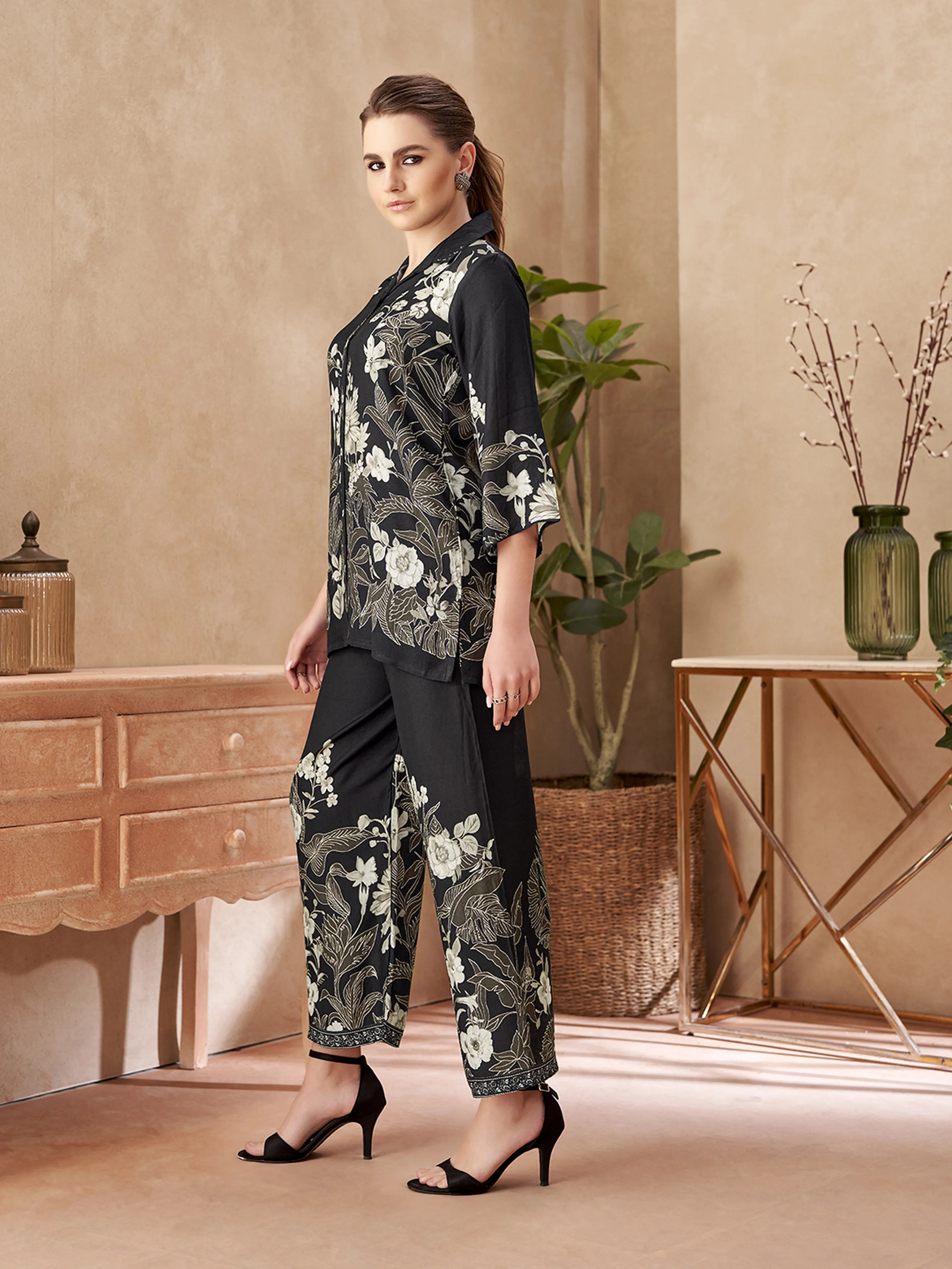 Black Floral Printed Co-ord Set in Viscose Muslin
