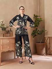 Black Floral Printed Co-ord Set in Viscose Muslin