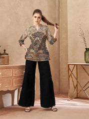 Beige Base Tree Motif Viscose Short Kurti