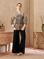 Beige Base Tree Motif Viscose Short Kurti