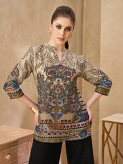 Beige Base Tree Motif Viscose Short Kurti
