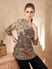 Beige Base Tree Motif Viscose Short Kurti