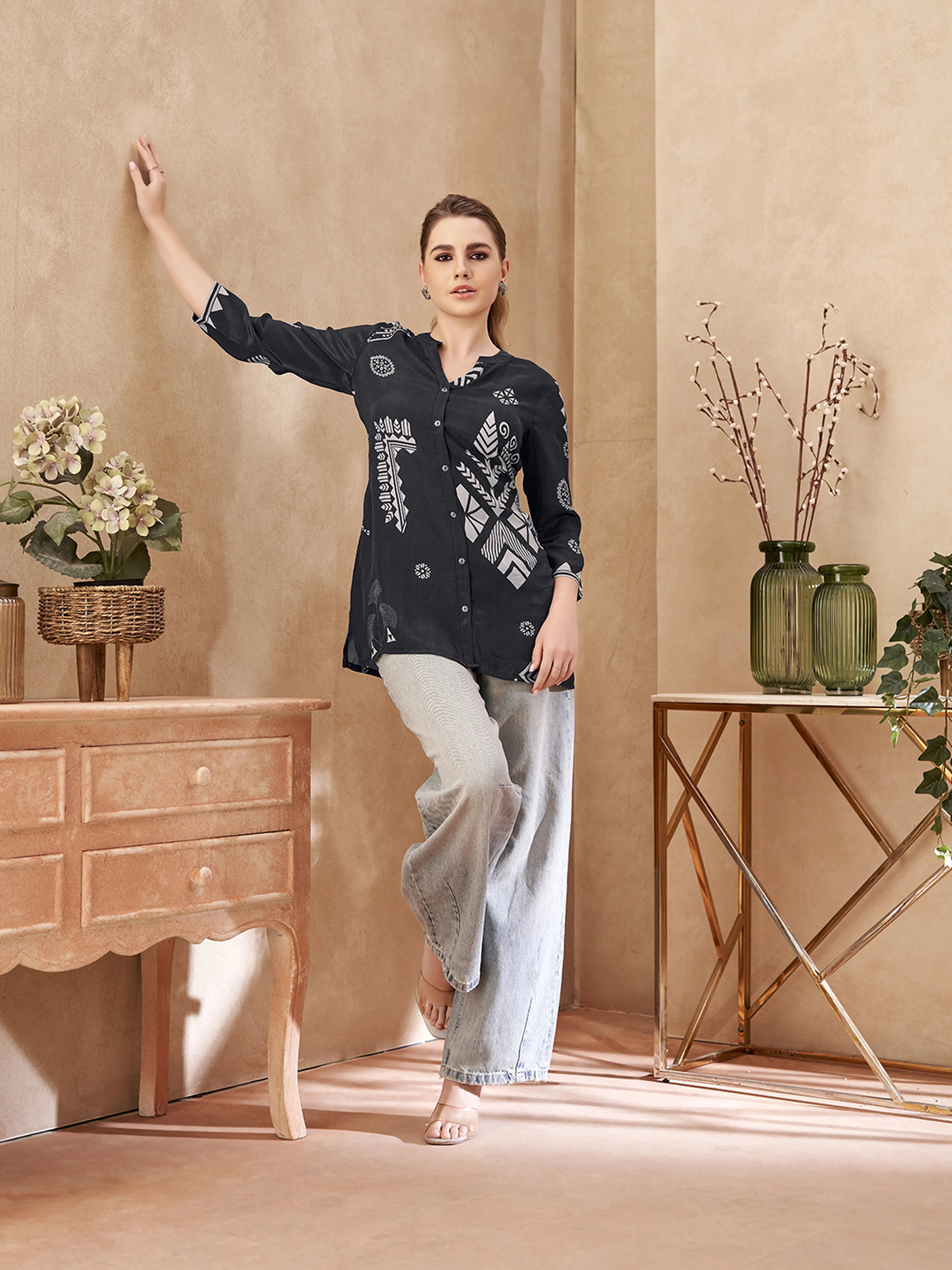 Black Base Geometric Printed Crepe Shirt