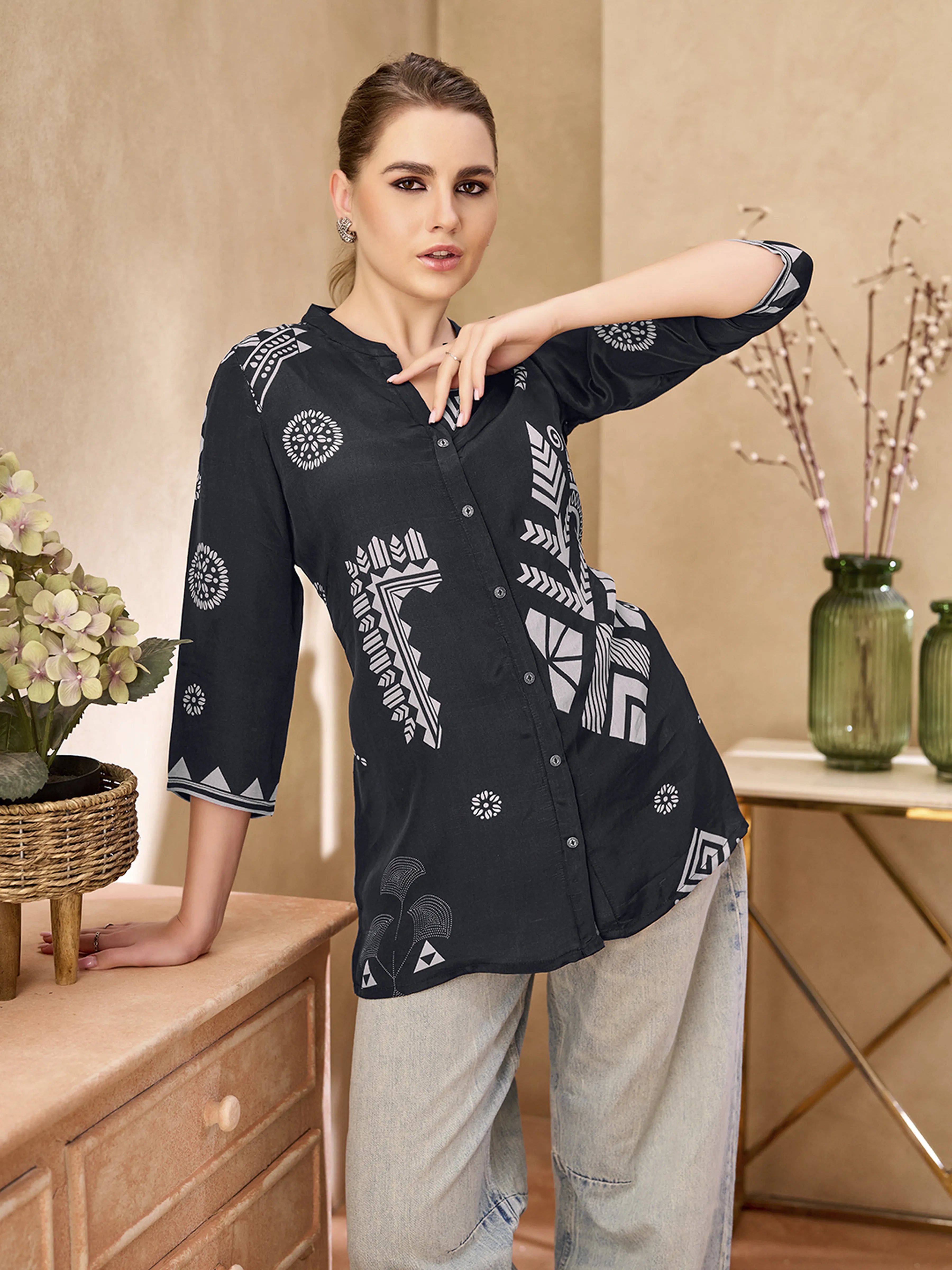 Black Base Geometric Printed Crepe Shirt
