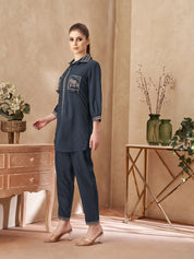 Navy Blue Embroidered Cotton Co-ord Set