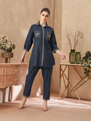 Navy Blue Embroidered Cotton Co-ord Set