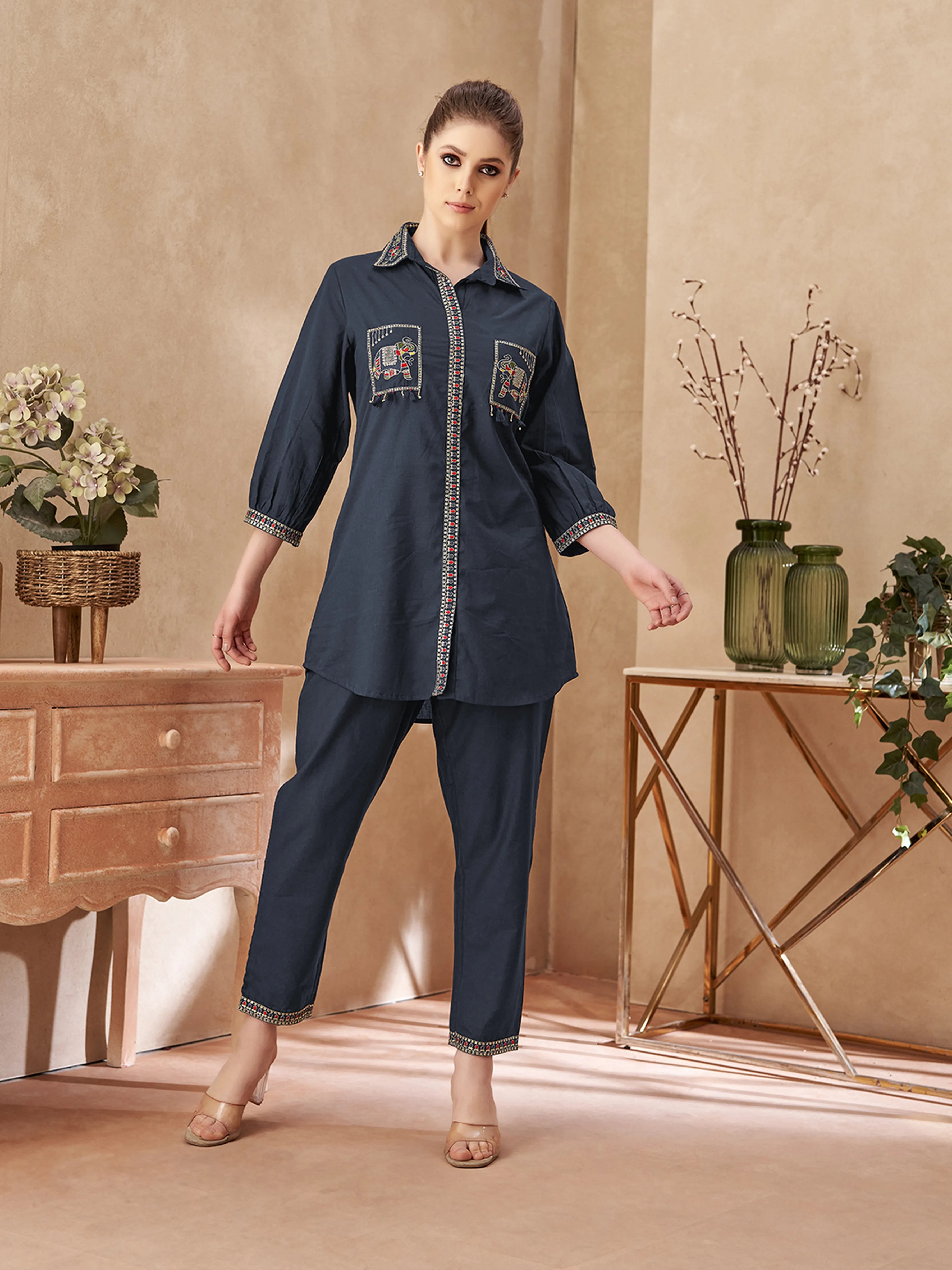 Navy Blue Embroidered Cotton Co-ord Set
