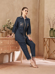 Navy Blue Embroidered Cotton Co-ord Set