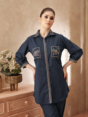 Navy Blue Embroidered Cotton Co-ord Set