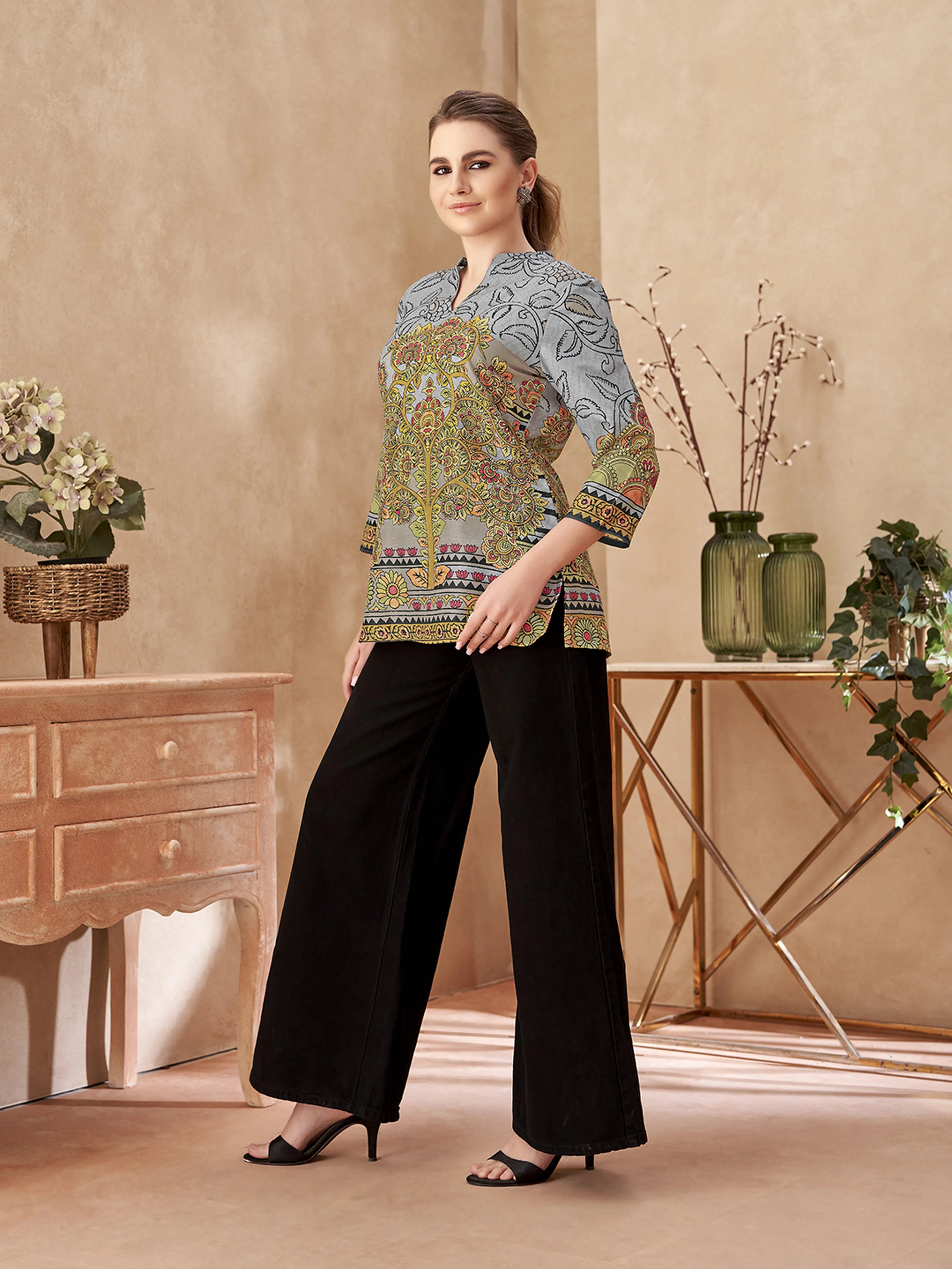 Grey Base Tree Motif Viscose Shirt