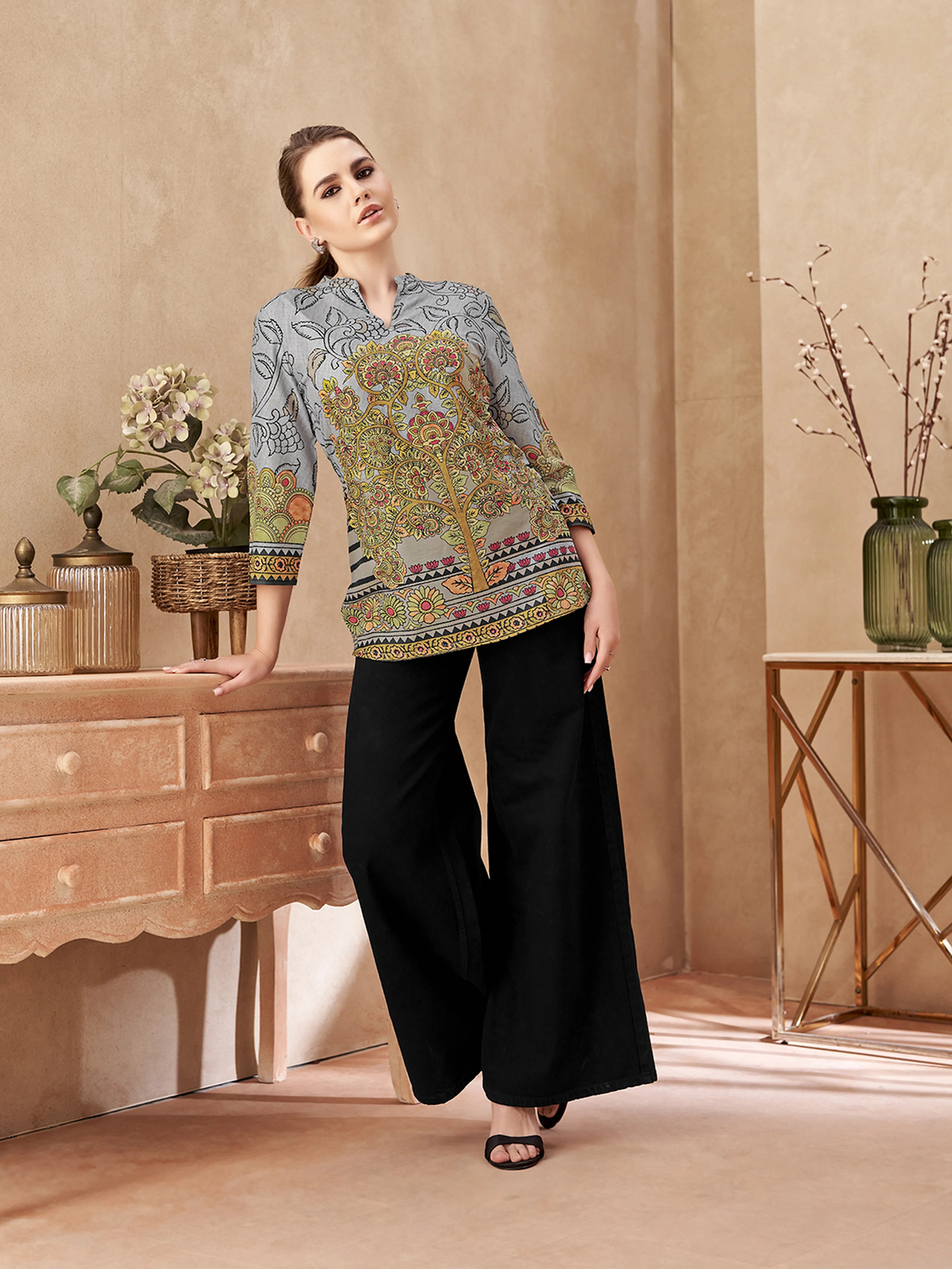 Grey Base Tree Motif Viscose Shirt