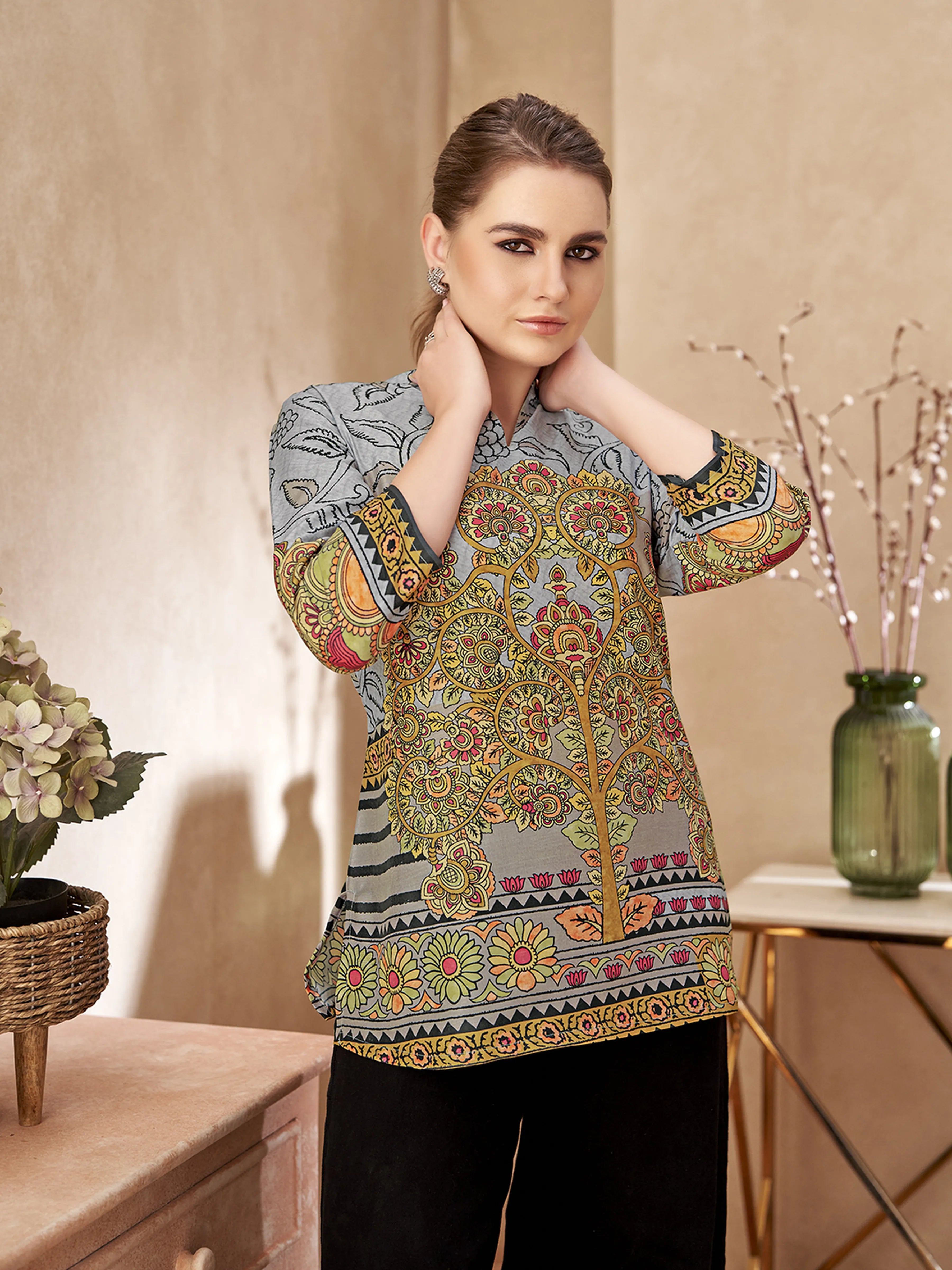 Grey Base Tree Motif Viscose Shirt