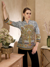 Grey Base Tree Motif Viscose Shirt