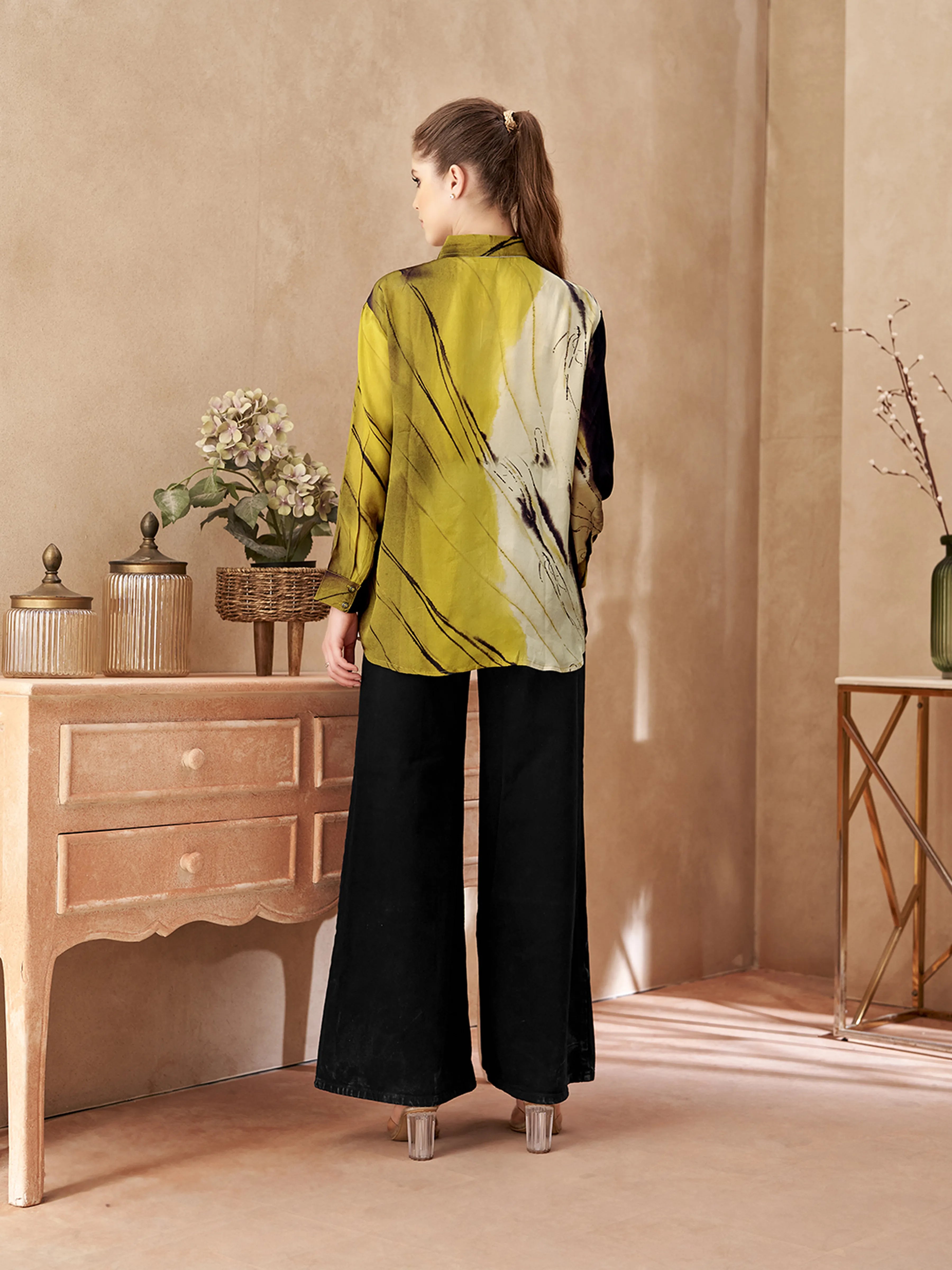 Golden Yellow & Brown Marble Print Crepe Shirt