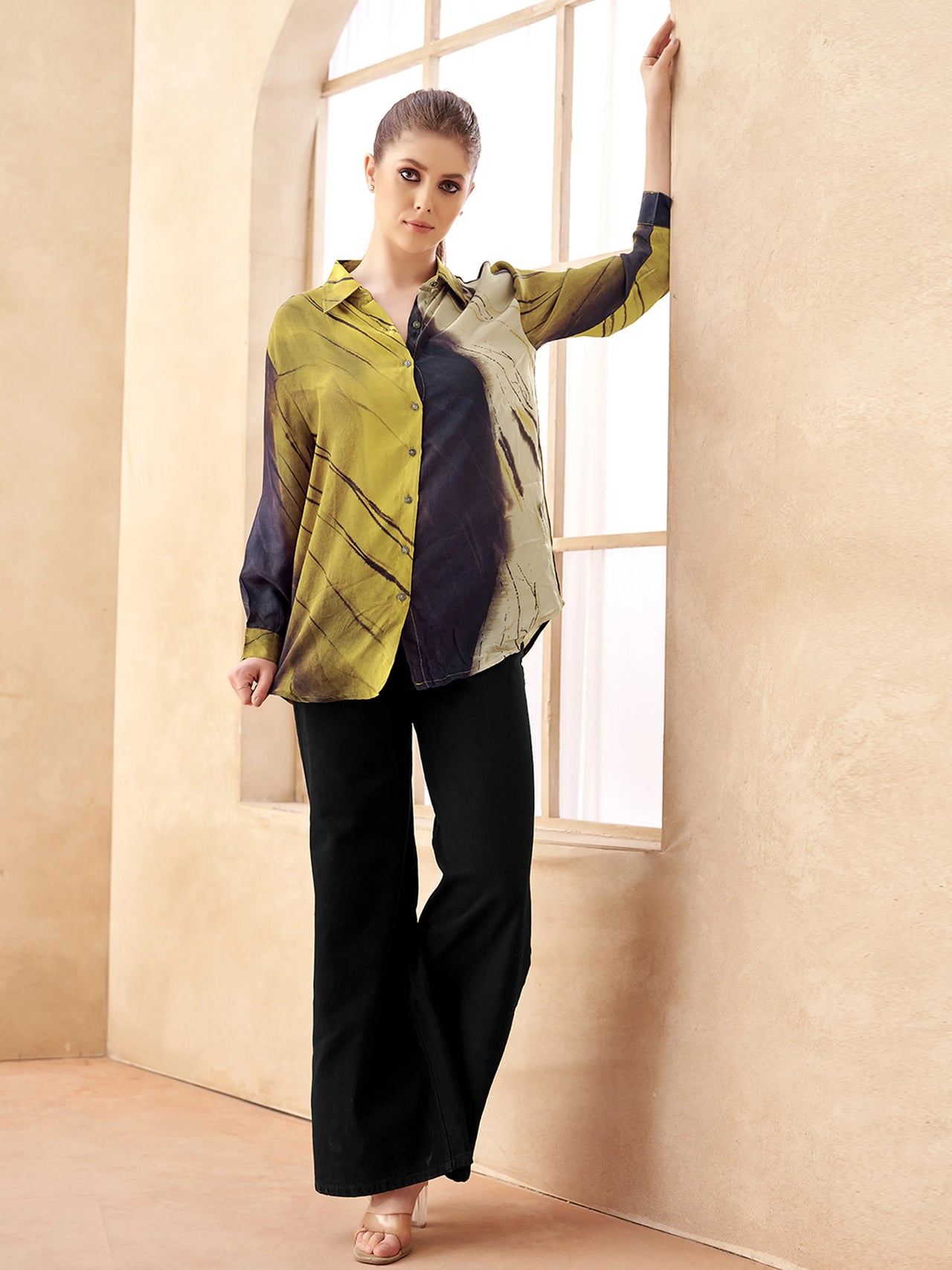 Golden yellow crepe office wear shirts for women iron free