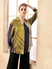 Golden Yellow & Brown Marble Print Crepe Shirt