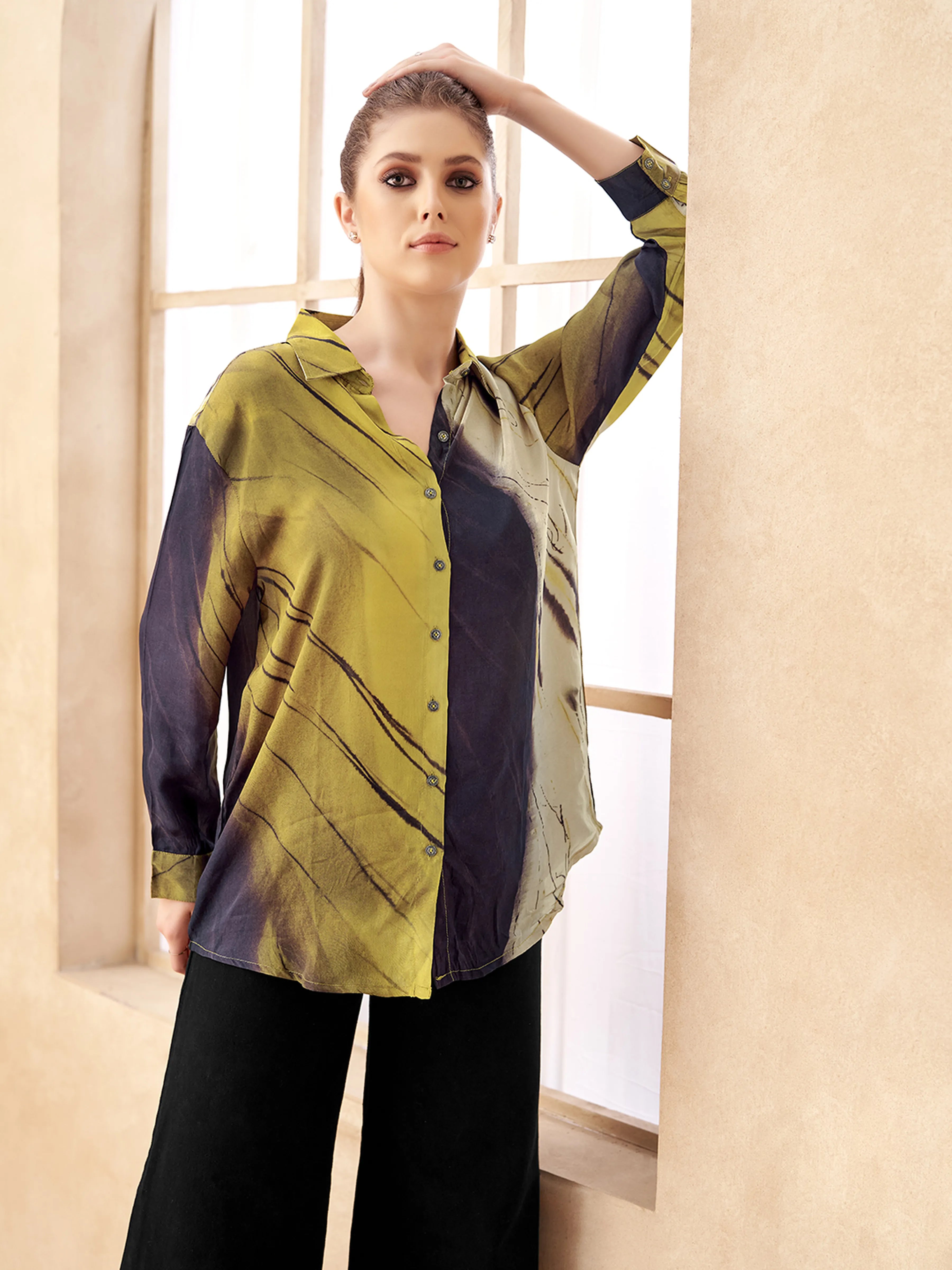 Golden Yellow & Brown Marble Print Crepe Shirt