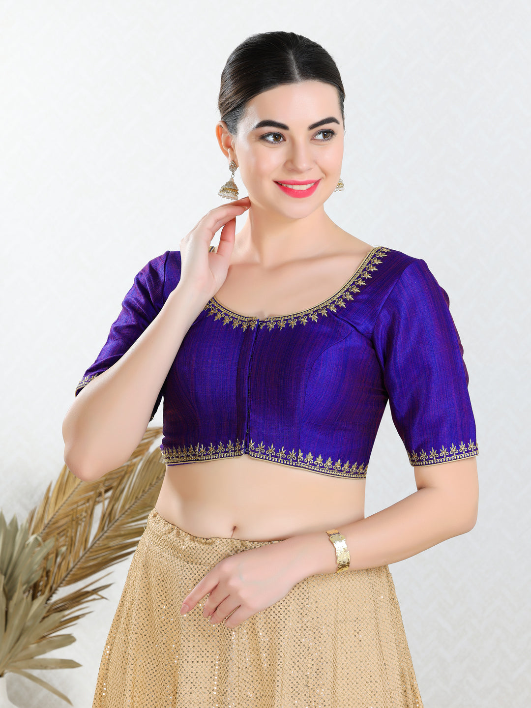 Zari Neckline Embroidery Round Neck Blouse