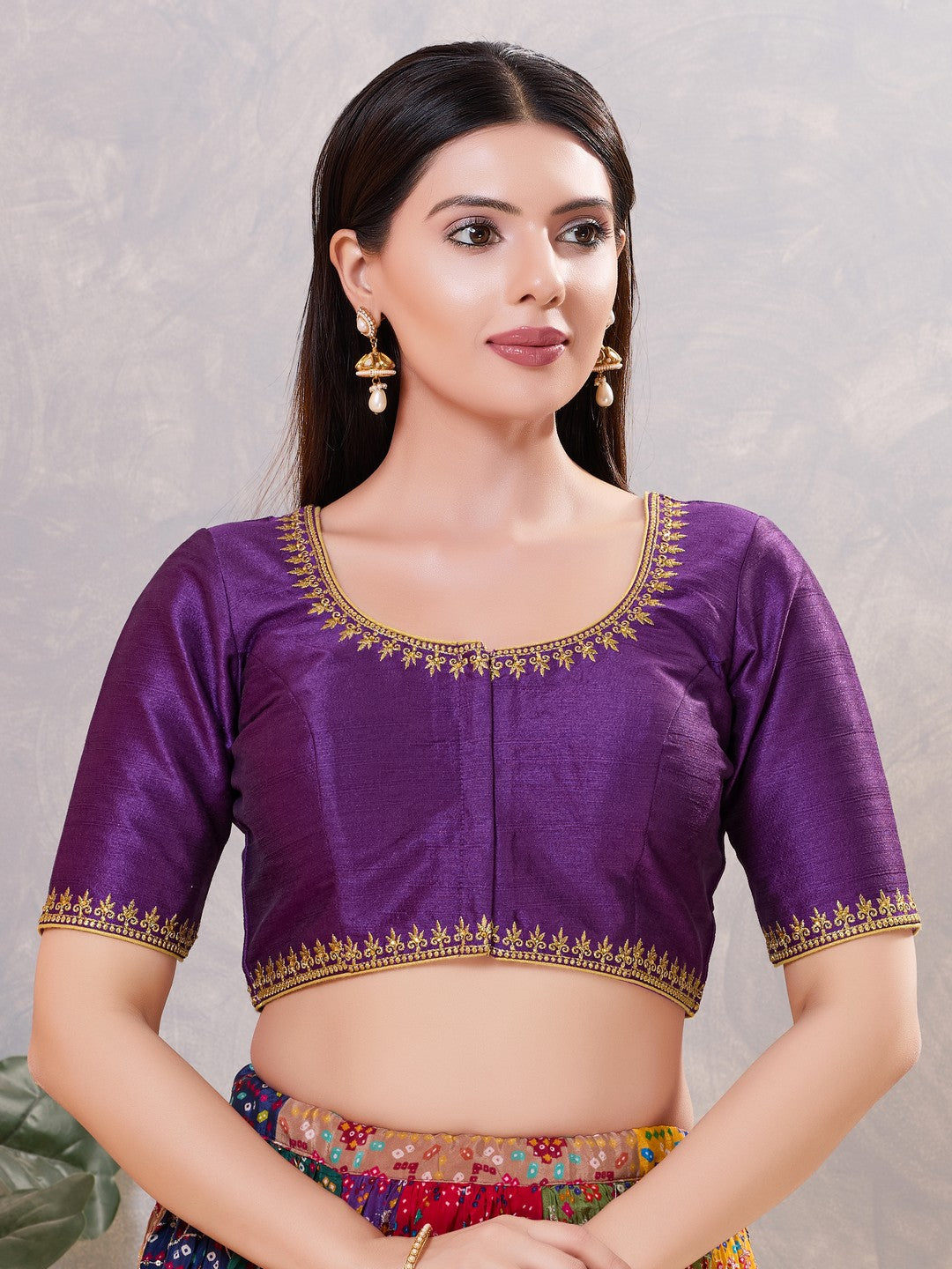 Zari Neckline Embroidery Round Neck Blouse