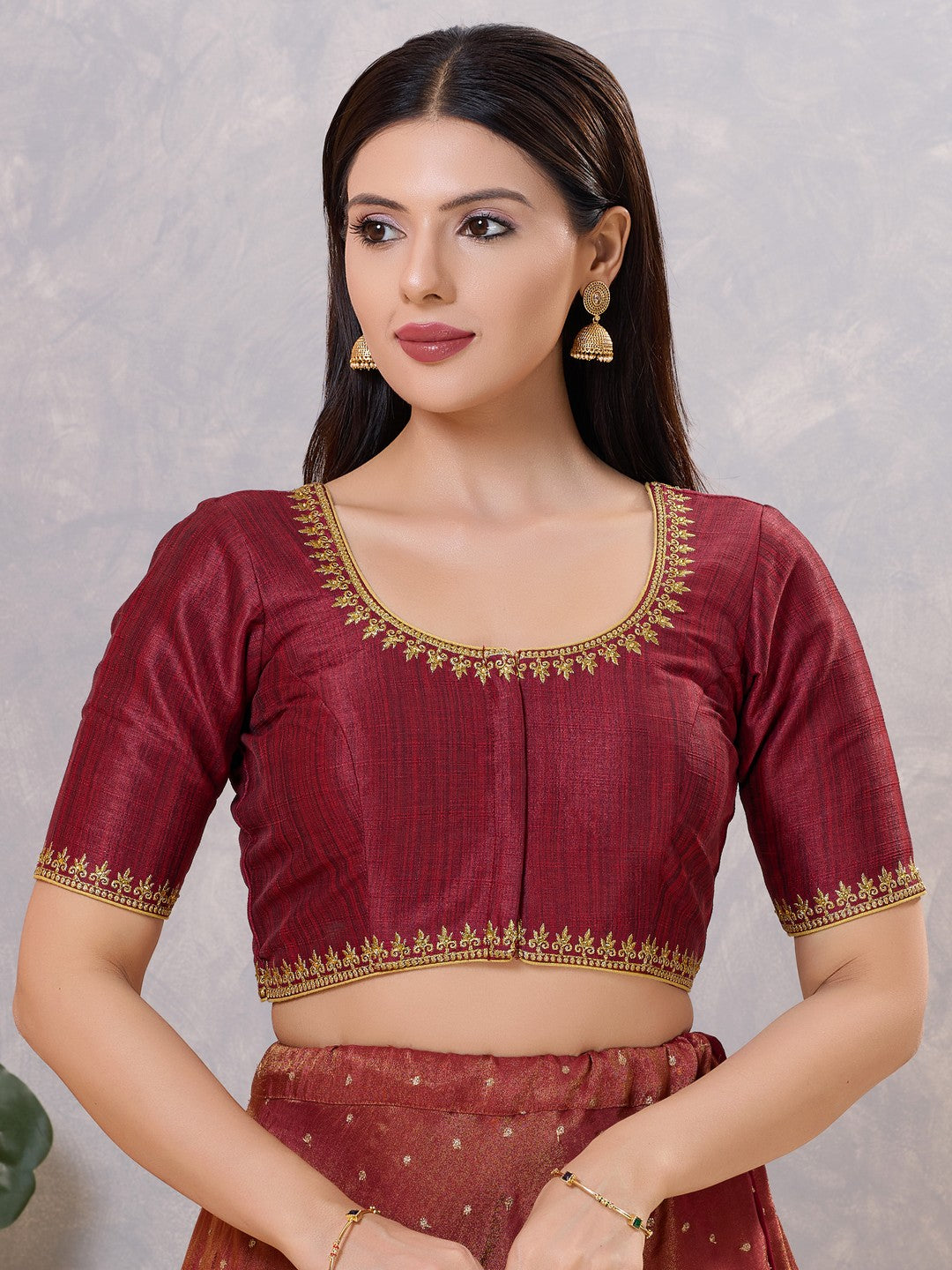 Zari Neckline Embroidery Round Neck Blouse