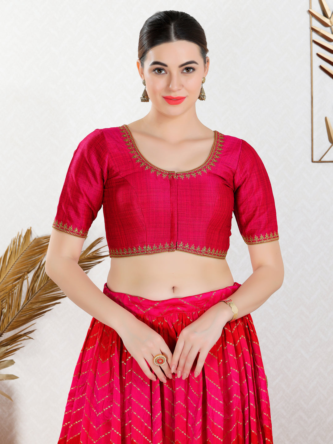 Zari Neckline Embroidery Round Neck Blouse