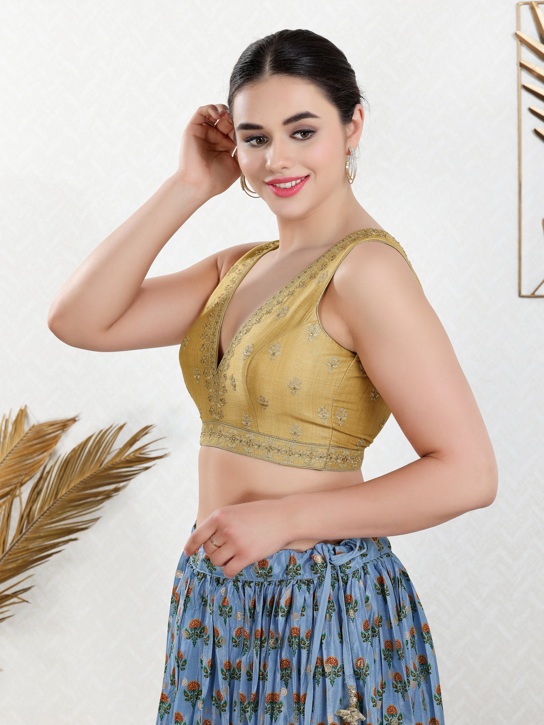 Vamas Machine Emvroidery V Neck Sleeveless Blouse With Waist Yoke