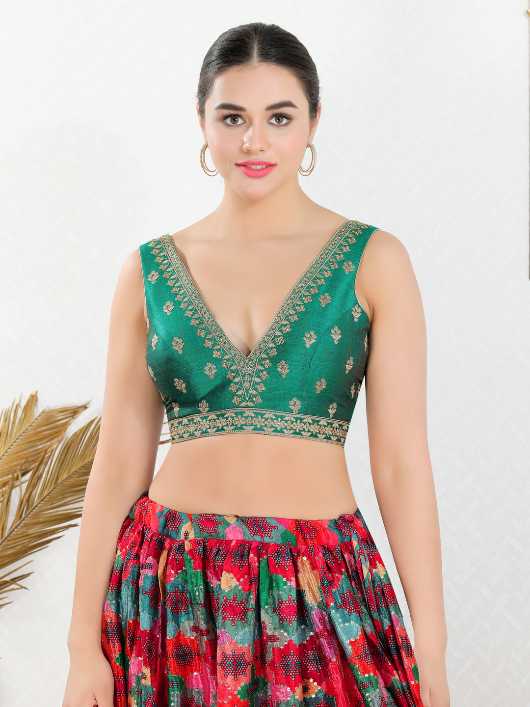 Vamas Machine Emvroidery V Neck Sleeveless Blouse With Waist Yoke