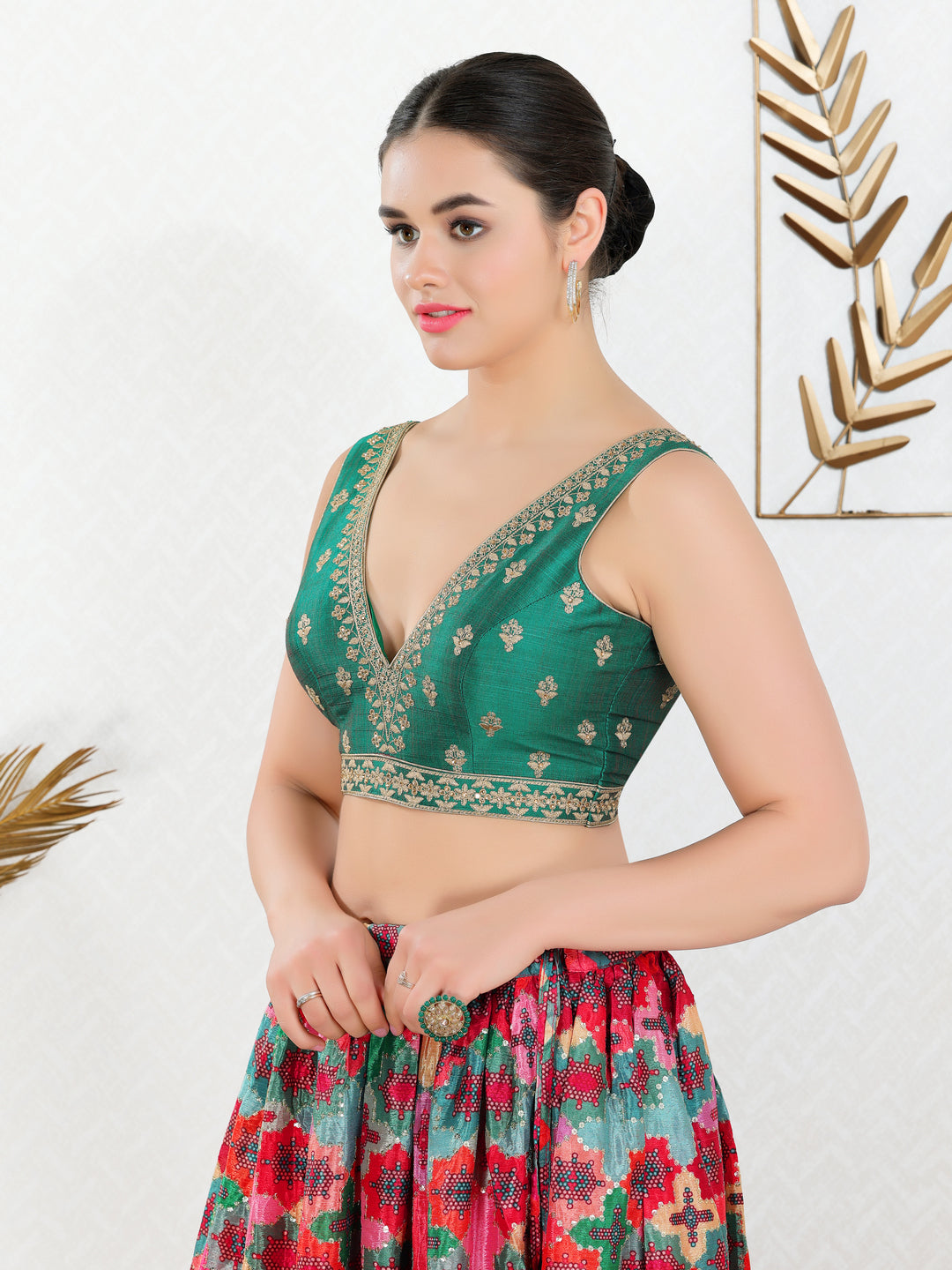 Vamas Machine Emvroidery V Neck Sleeveless Blouse With Waist Yoke
