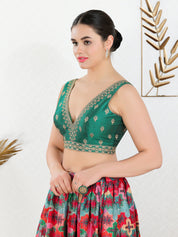 Vamas Machine Emvroidery V Neck Sleeveless Blouse With Waist Yoke