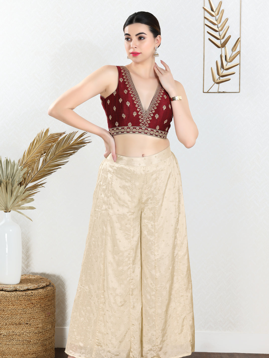 Vamas Machine Emvroidery V Neck Sleeveless Blouse With Waist Yoke