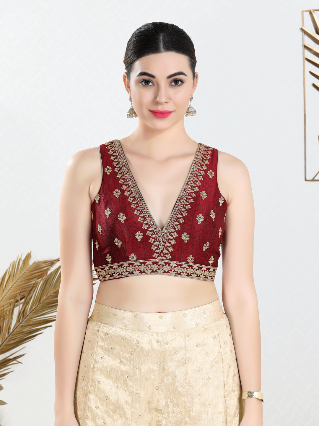 Vamas Machine Emvroidery V Neck Sleeveless Blouse With Waist Yoke