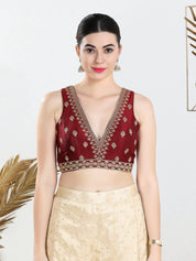 Vamas Machine Emvroidery V Neck Sleeveless Blouse With Waist Yoke