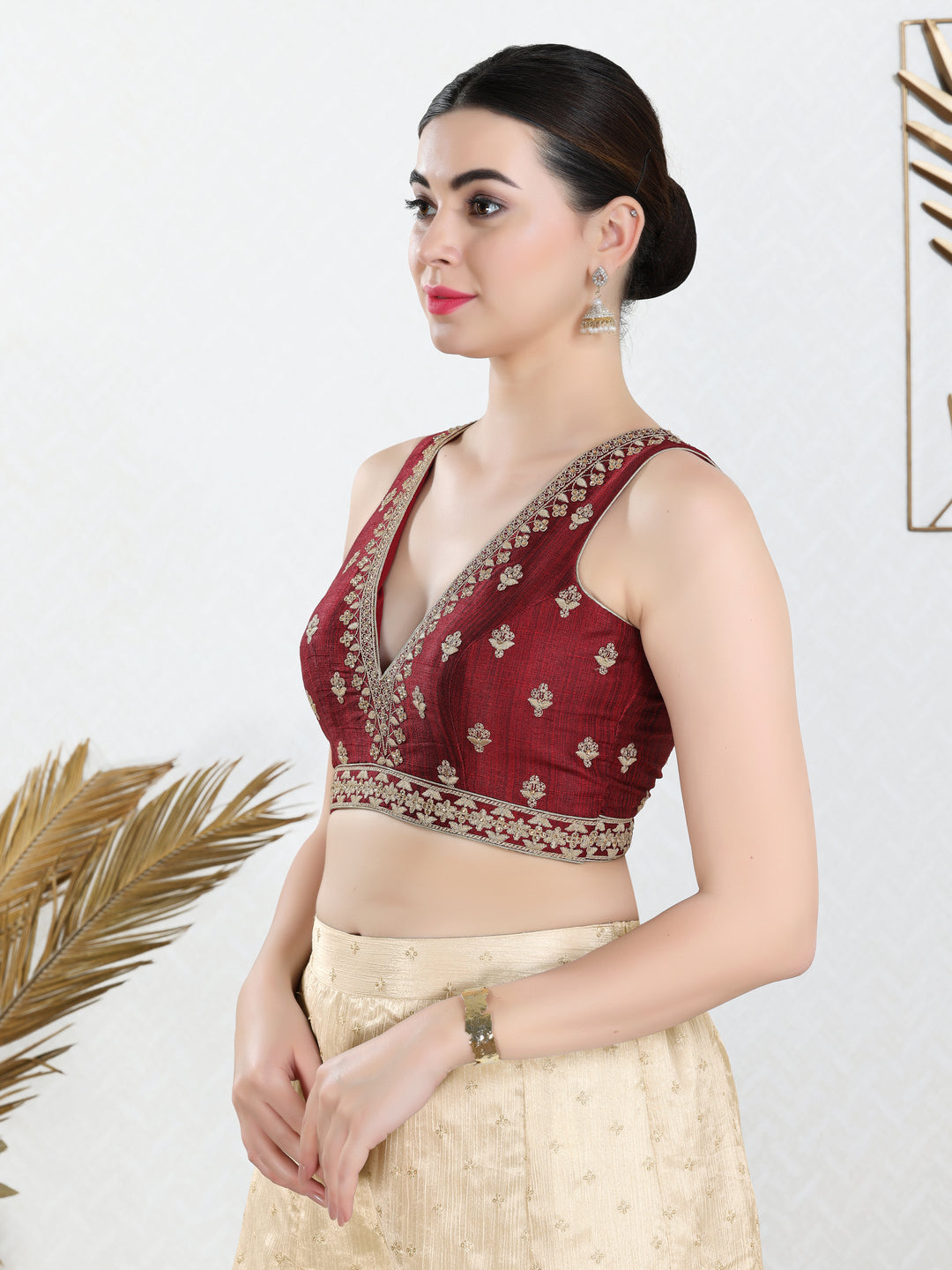 Vamas Machine Emvroidery V Neck Sleeveless Blouse With Waist Yoke
