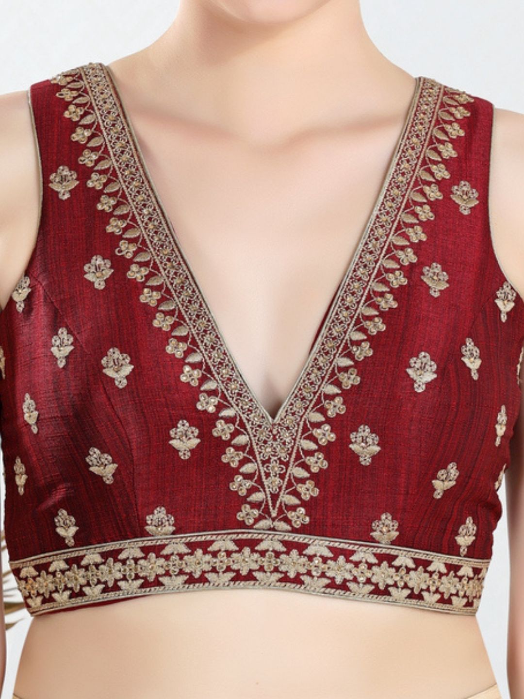 Vamas Machine Emvroidery V Neck Sleeveless Blouse With Waist Yoke