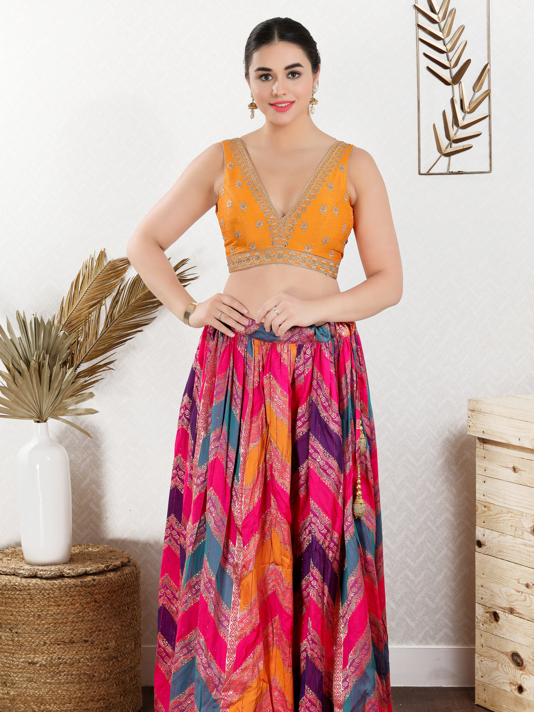 Vamas Machine Emvroidery V Neck Sleeveless Blouse With Waist Yoke