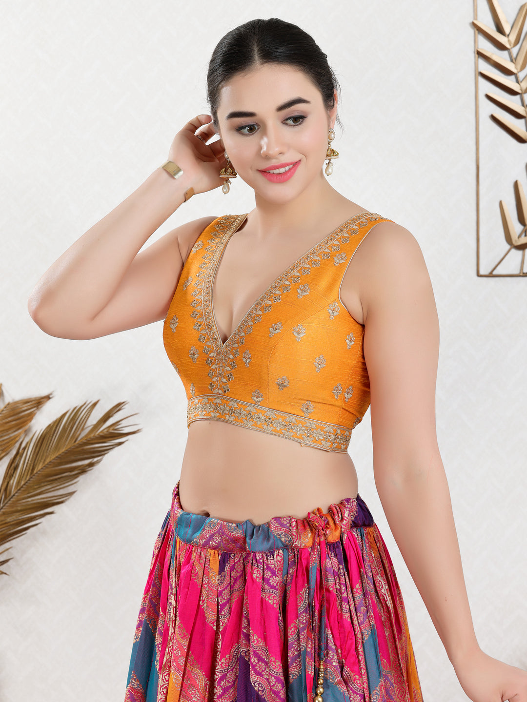 Vamas Machine Emvroidery V Neck Sleeveless Blouse With Waist Yoke