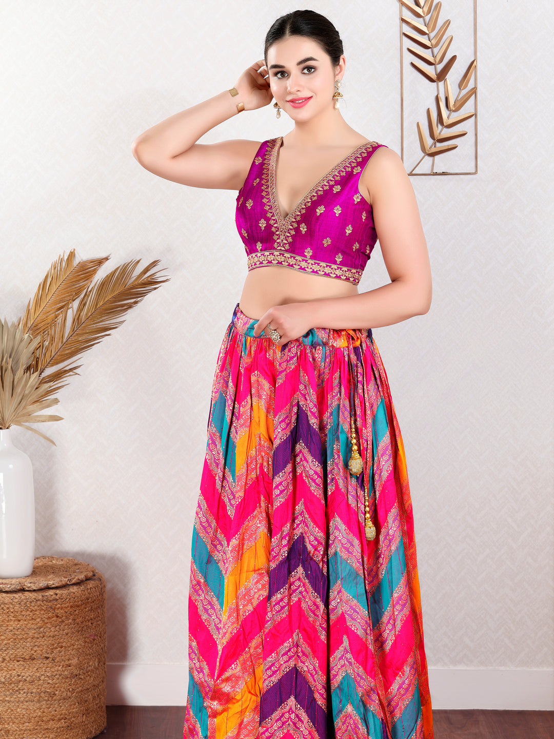 Vamas Machine Emvroidery V Neck Sleeveless Blouse With Waist Yoke