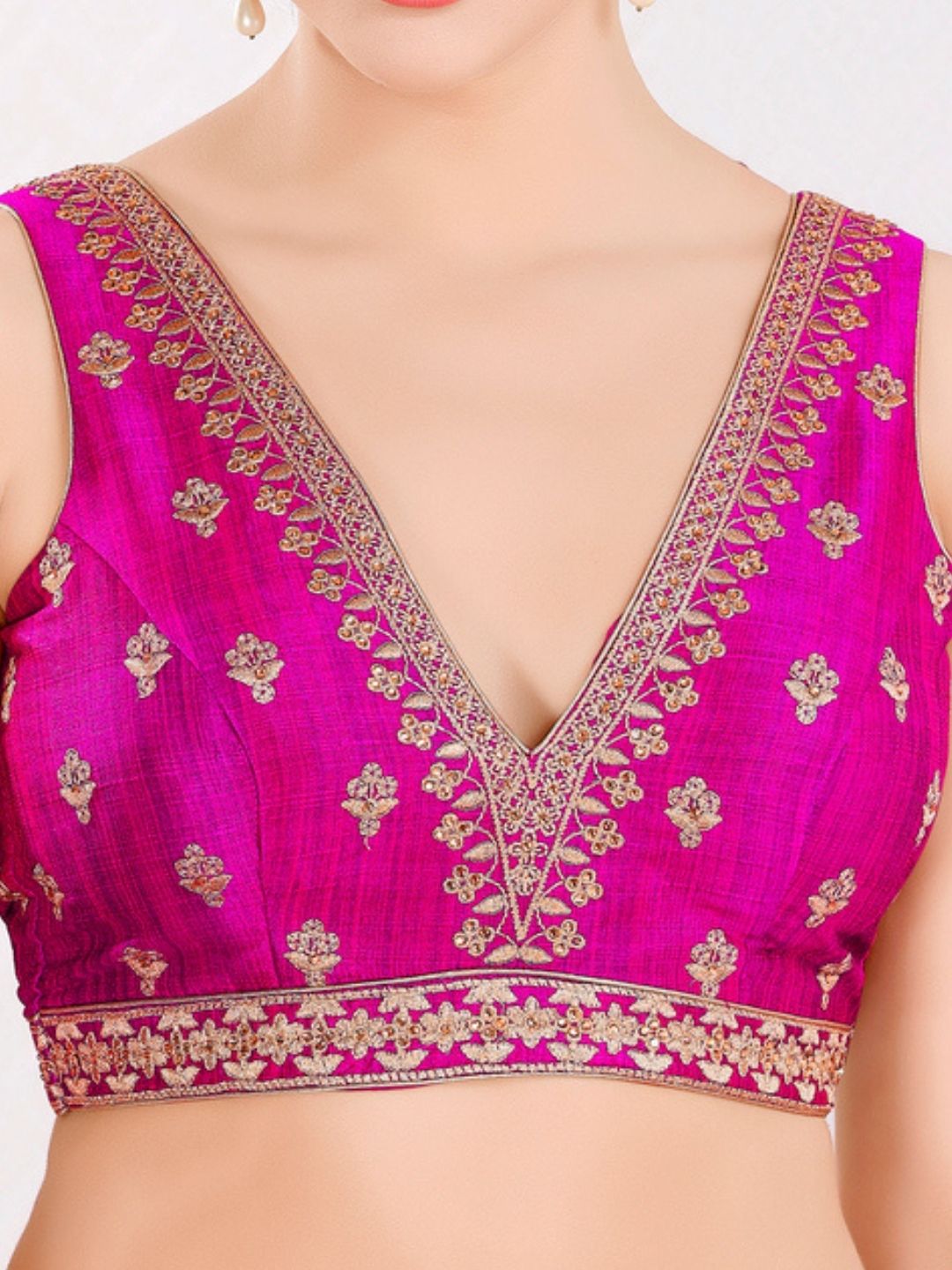 Vamas Machine Emvroidery V Neck Sleeveless Blouse With Waist Yoke