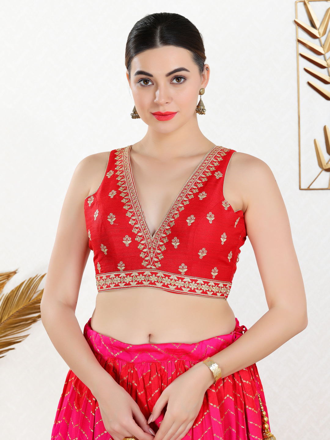 Vamas Machine Emvroidery V Neck Sleeveless Blouse With Waist Yoke