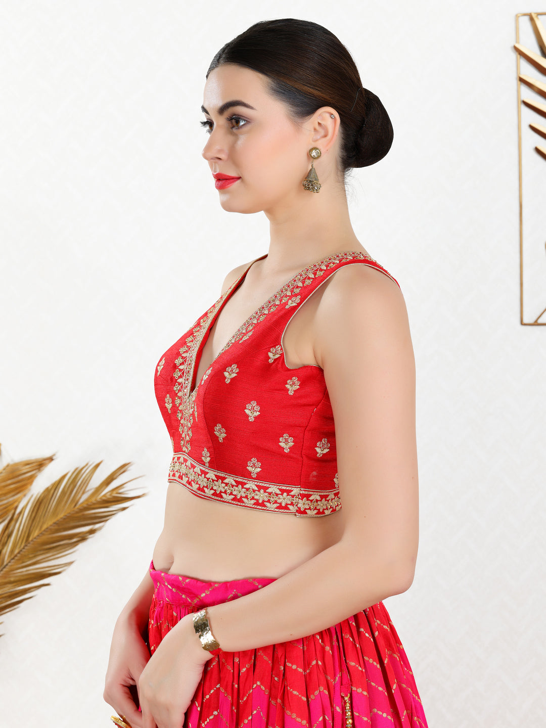 Vamas Machine Emvroidery V Neck Sleeveless Blouse With Waist Yoke