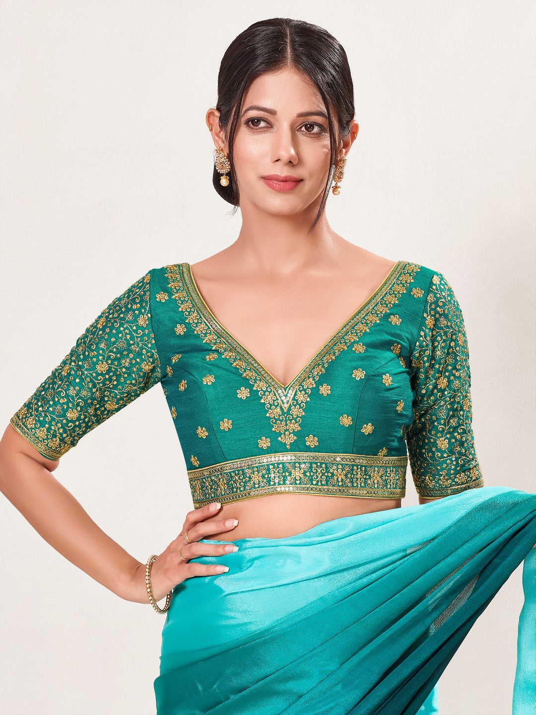 V Neckline And Yoke Embroidered Wedding Wear Blouse